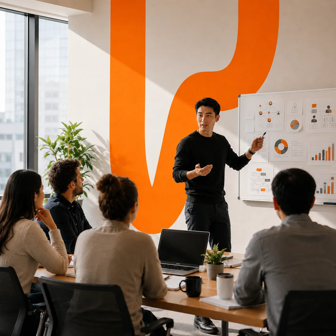 Trainer presenting a Power Automate workflow on a whiteboard to a seated team in a modern office meeting room